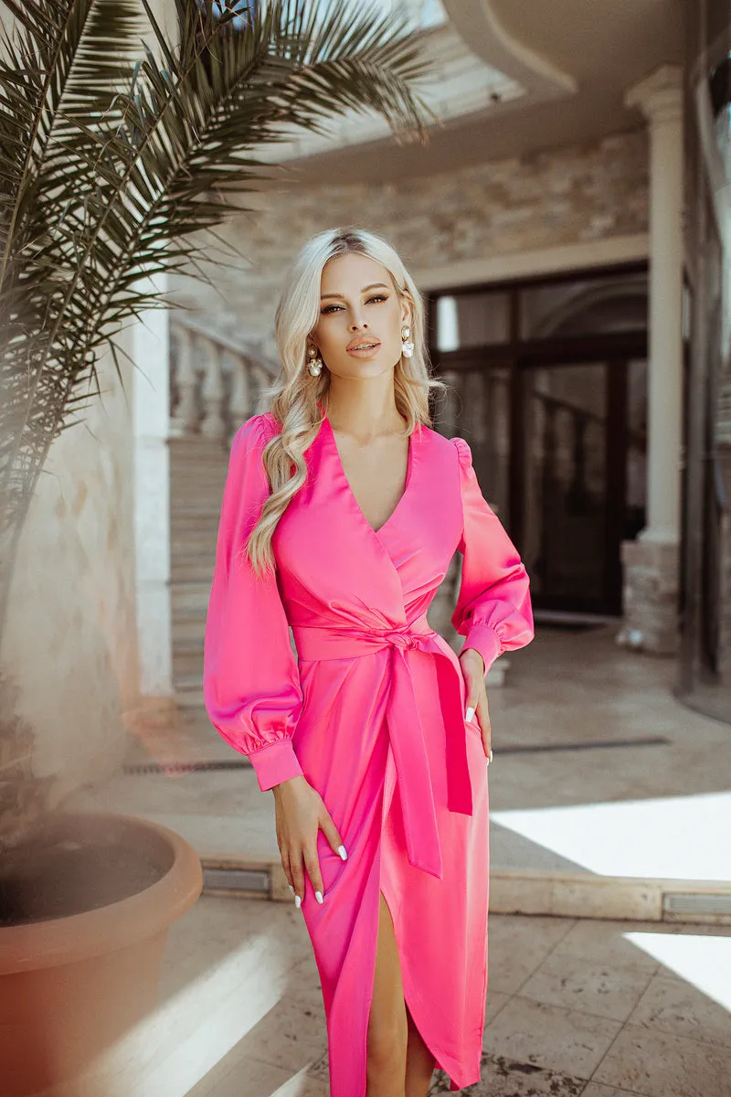 Crimson Wrap Long Sleeve Midi Dress
