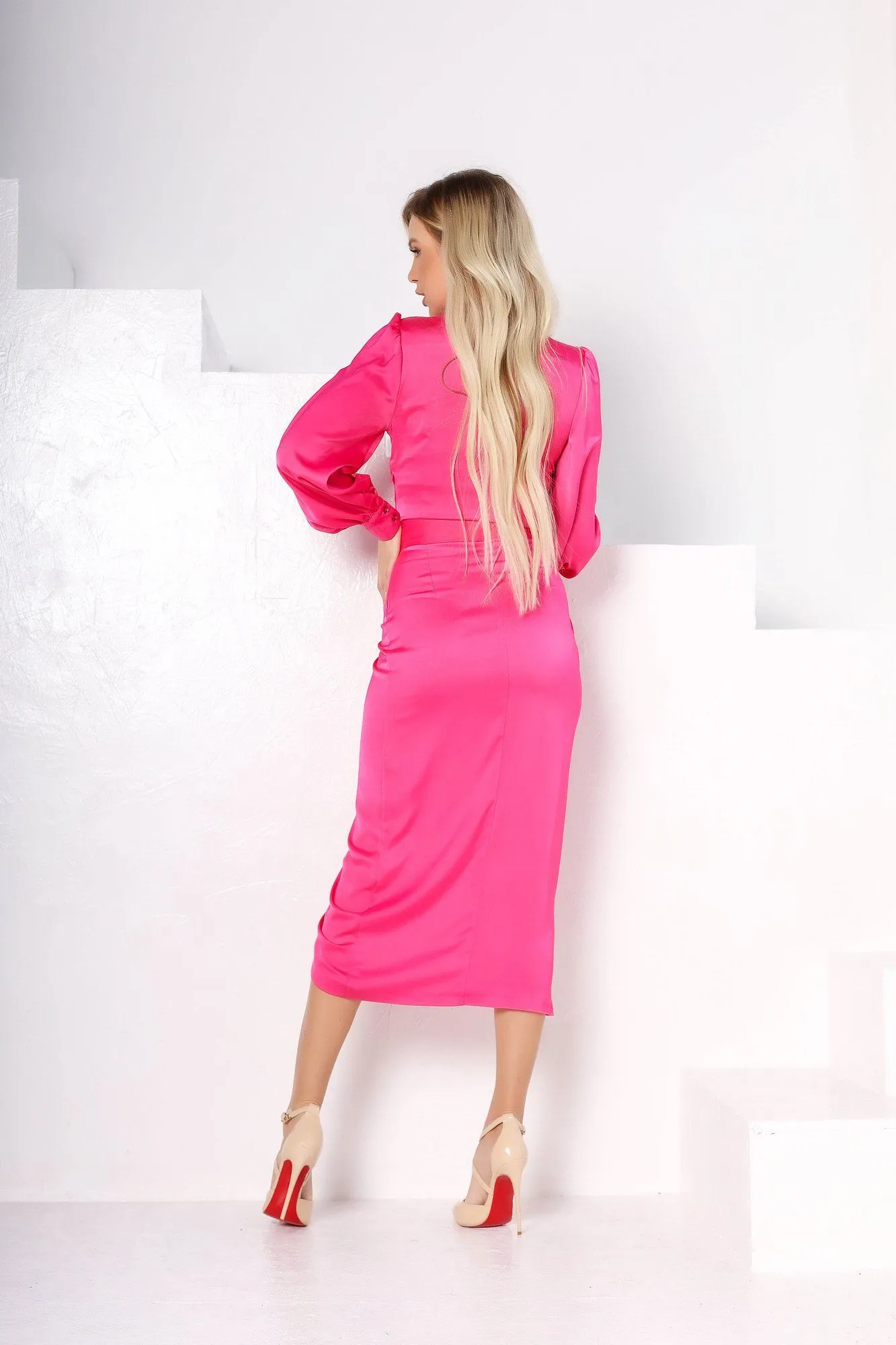 Crimson Wrap Long Sleeve Midi Dress