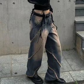 Fairycore y2k Stitched Burr Women Jeans Streetwear Vintage Distressed Denim Pants Washed Grunge Baggy Trousers Design