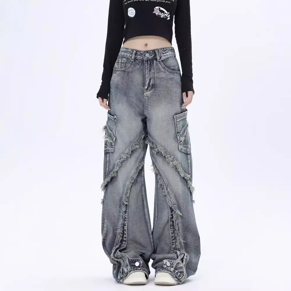 Fashionkova grunge outfits Distressed Heavy Damaged Frayed Edge Stitching Design Zipper Skinny Jeans Women Autumn and Winter Washed Retro Trousers