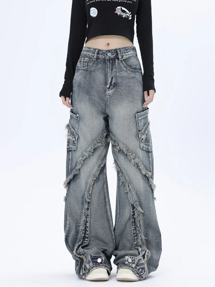 Fashionkova grunge outfits Distressed Heavy Damaged Frayed Edge Stitching Design Zipper Skinny Jeans Women Autumn and Winter Washed Retro Trousers