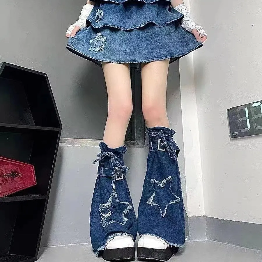Fashionkova grunge outfits Leg Cover Black Star Socks All-Match Denim Leg Cover Micro Horn Lace-up All-Match Mid-Calf Length Socks Leg Cover