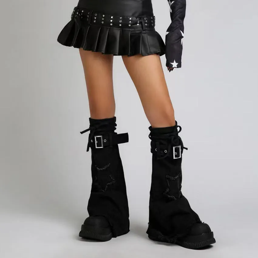 Fashionkova grunge outfits Leg Cover Black Star Socks All-Match Denim Leg Cover Micro Horn Lace-up All-Match Mid-Calf Length Socks Leg Cover