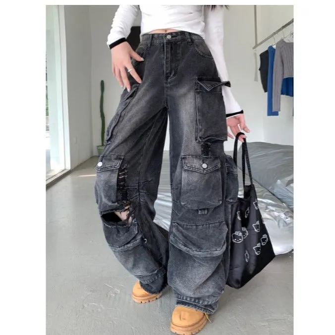 Fashionkova grunge outfits Plus Size American Street Multi-Pocket Loose Workwear Jeans Autumn Design Cover Leg Thick Slimming Straight Pants for Women