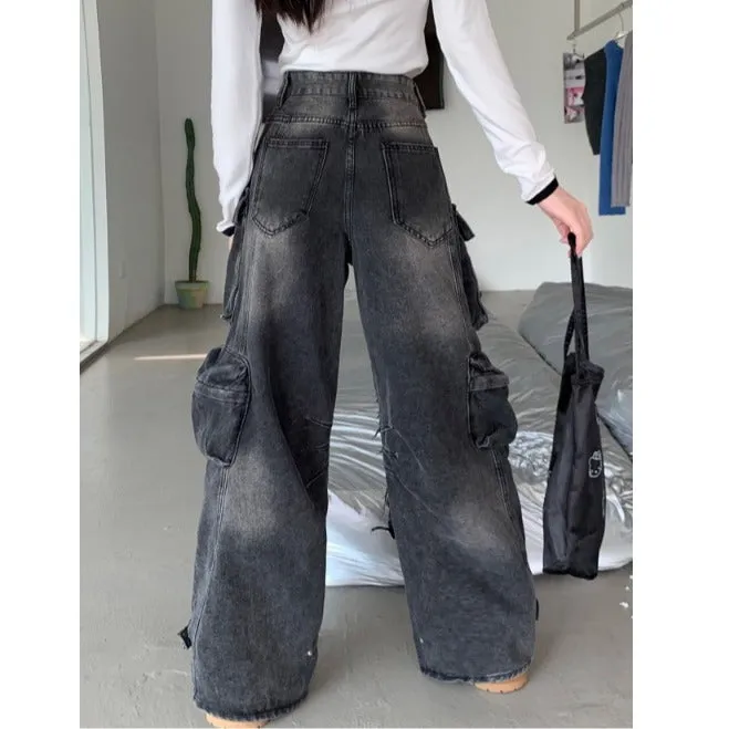 Fashionkova grunge outfits Plus Size American Street Multi-Pocket Loose Workwear Jeans Autumn Design Cover Leg Thick Slimming Straight Pants for Women