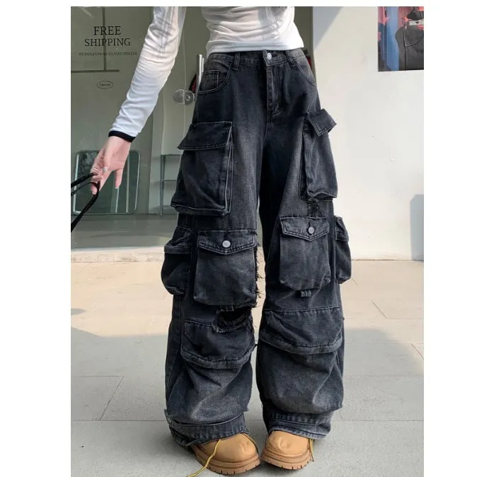 Fashionkova grunge outfits Plus Size American Street Multi-Pocket Loose Workwear Jeans Autumn Design Cover Leg Thick Slimming Straight Pants for Women