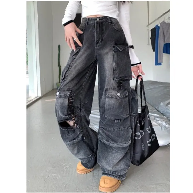 Fashionkova grunge outfits Plus Size American Street Multi-Pocket Loose Workwear Jeans Autumn Design Cover Leg Thick Slimming Straight Pants for Women
