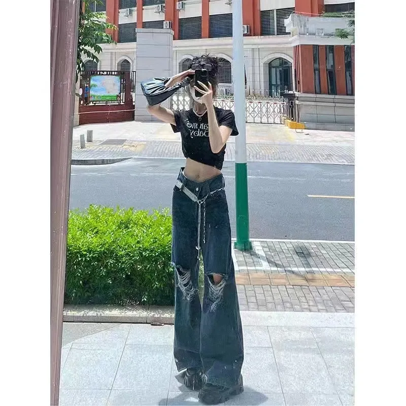 Fashionkova  Y2K Women Streetwear Harajuku Retro Wide Leg Grunge Ripped Jeans Denim Pants High Waist Straight Baggy Trousers Alt Clothes