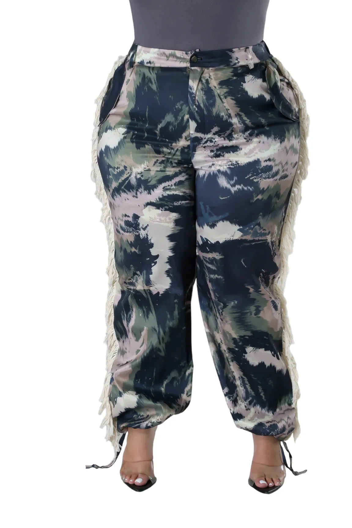 Final Sale Plus Size Pants with Beige Fringes On The Side in Black & Beige - Grunge Paint G113