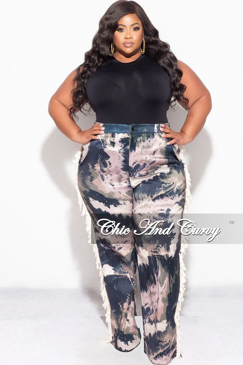 Final Sale Plus Size Pants with Beige Fringes On The Side in Black & Beige - Grunge Paint G113