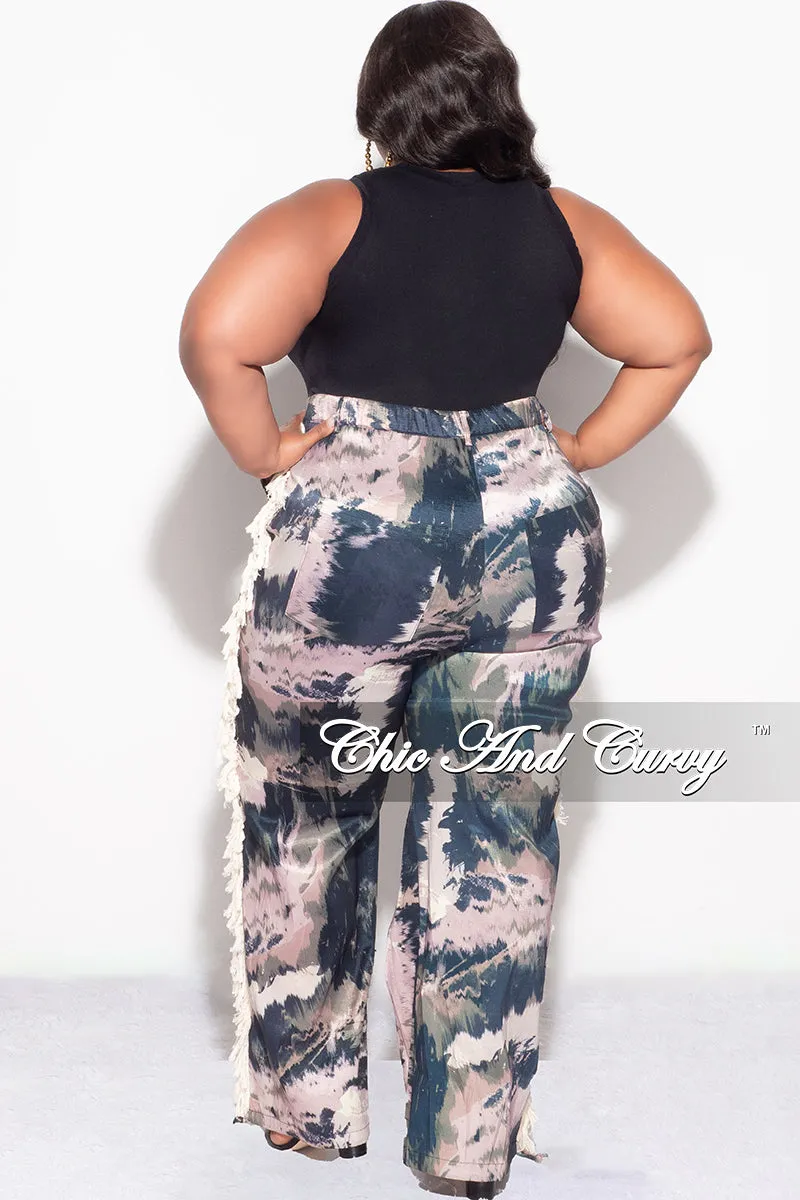 Final Sale Plus Size Pants with Beige Fringes On The Side in Black & Beige - Grunge Paint G113