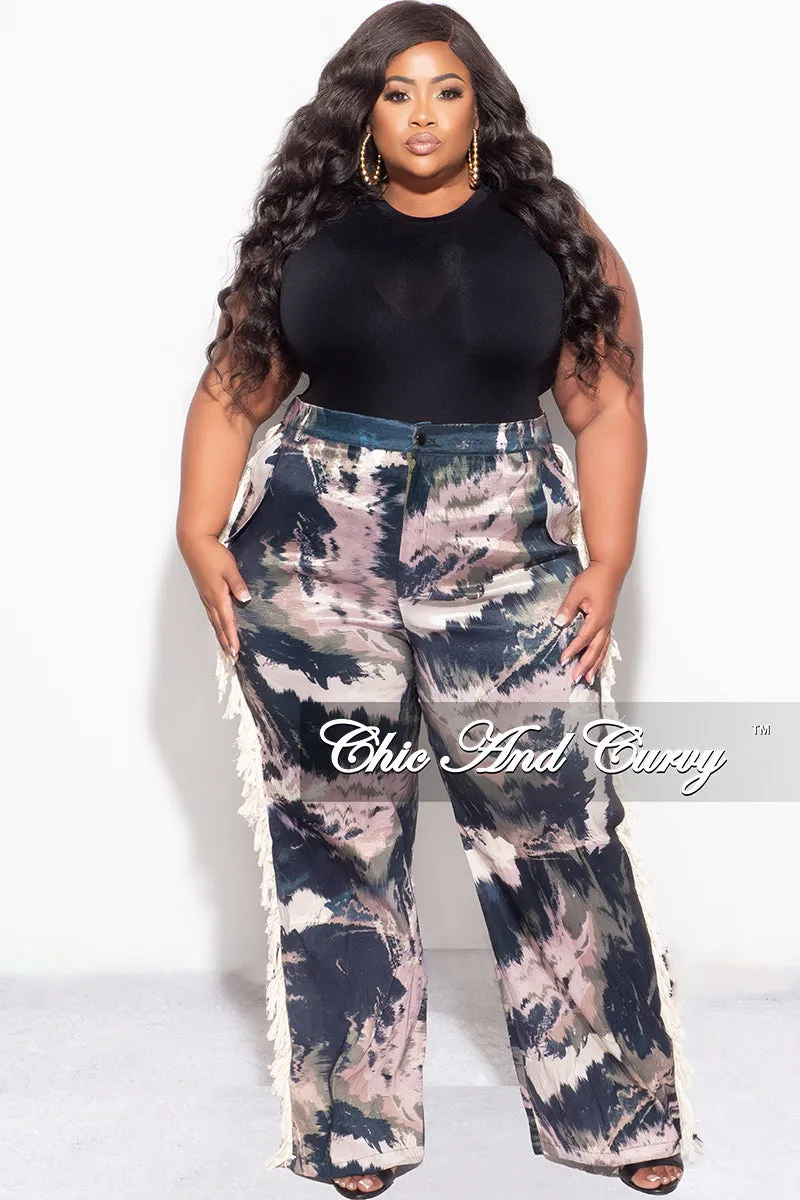 Final Sale Plus Size Pants with Beige Fringes On The Side in Black & Beige - Grunge Paint G113