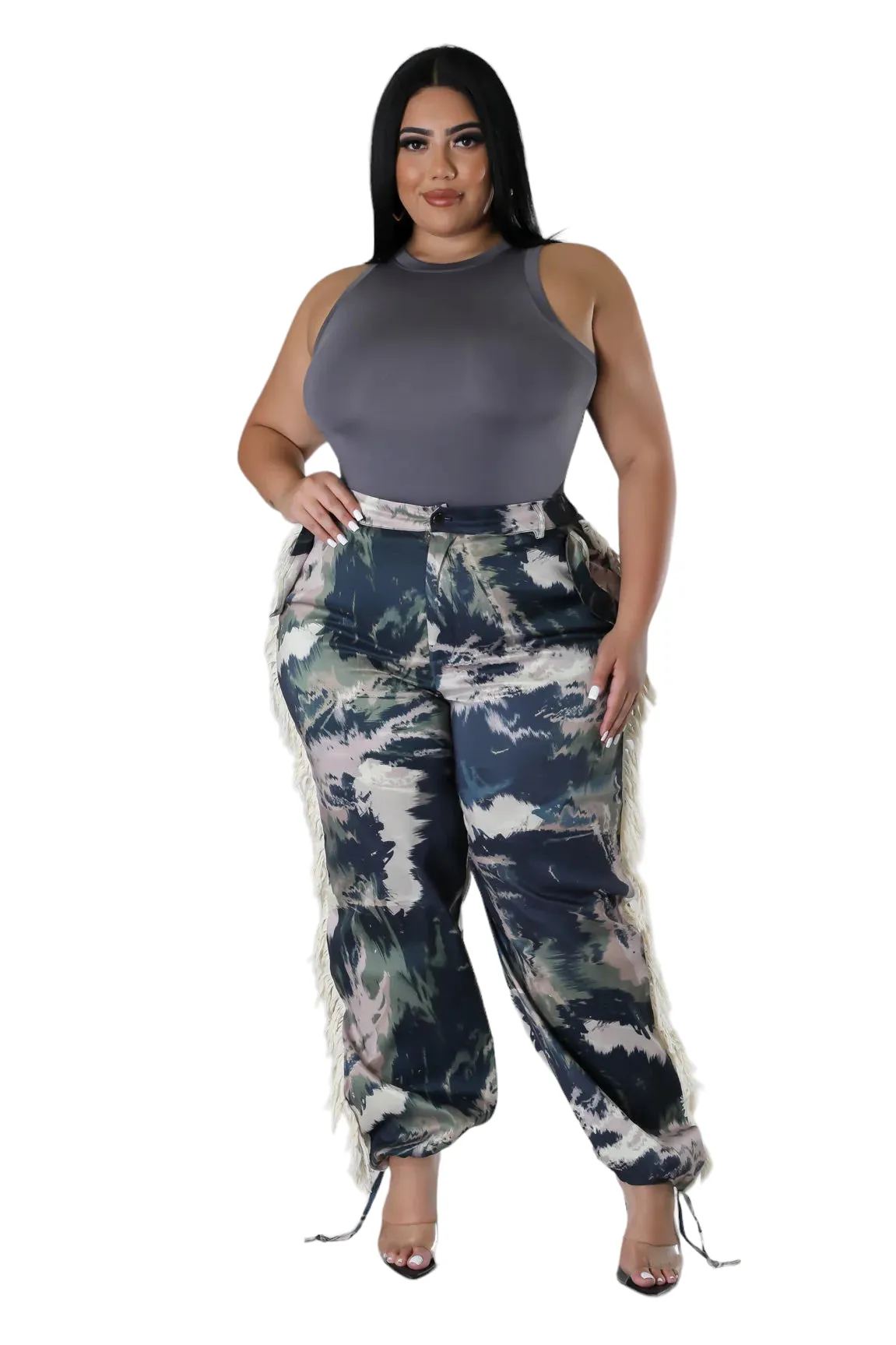 Final Sale Plus Size Pants with Beige Fringes On The Side in Black & Beige - Grunge Paint G113