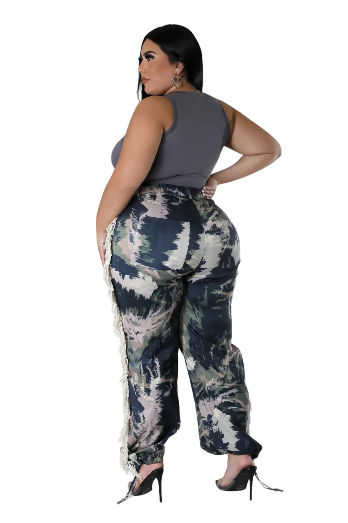 Final Sale Plus Size Pants with Beige Fringes On The Side in Black & Beige - Grunge Paint G113