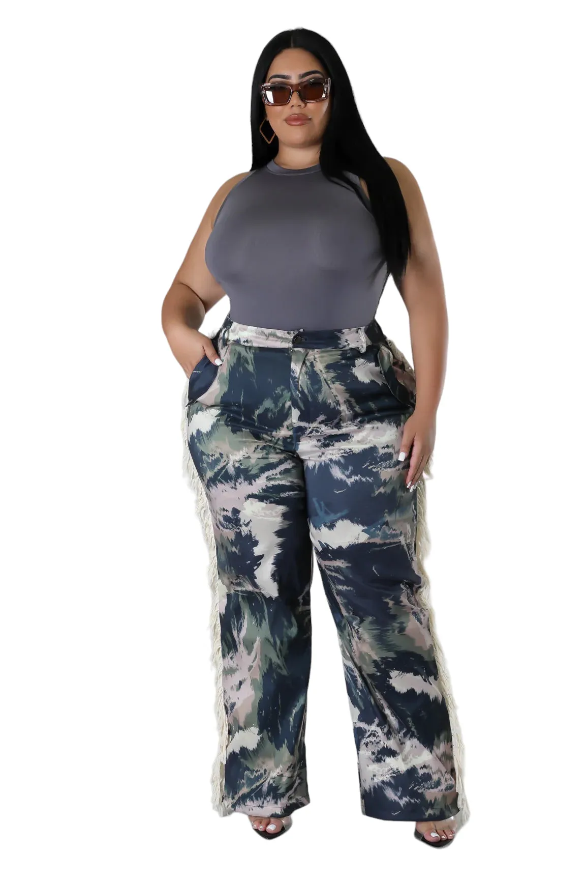 Final Sale Plus Size Pants with Beige Fringes On The Side in Black & Beige - Grunge Paint G113
