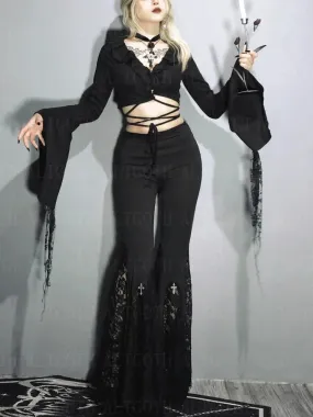 Flytonn Dark Academia Gothic Pants Women Streetwear Punk Grunge Cross Lace Patchwork High Waist Flare Pants Y2k E-girl Trousers