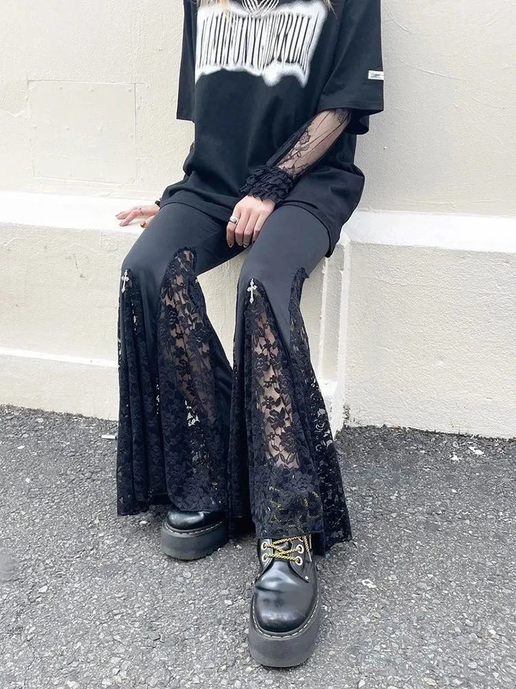 Flytonn Dark Academia Gothic Pants Women Streetwear Punk Grunge Cross Lace Patchwork High Waist Flare Pants Y2k E-girl Trousers