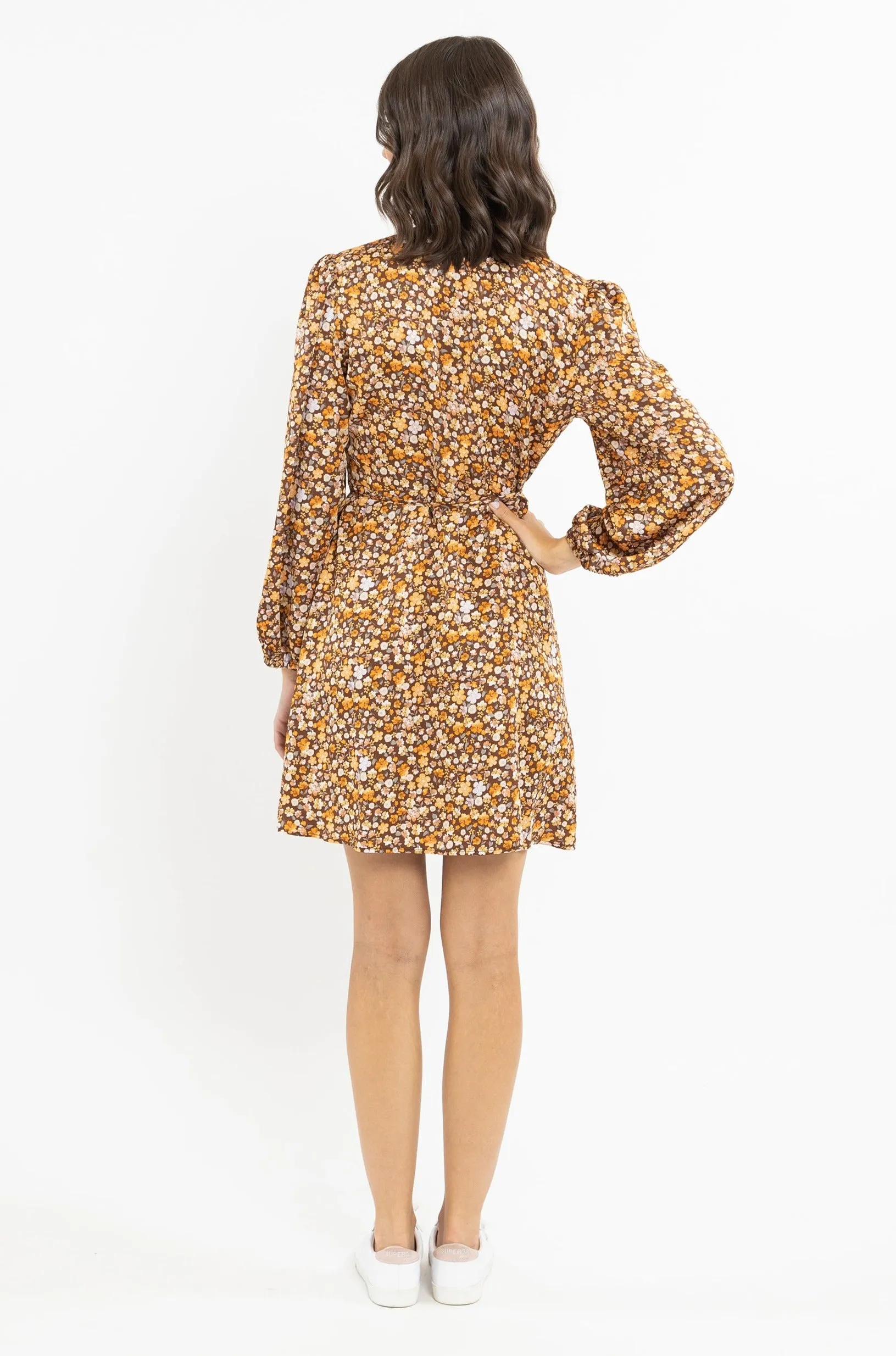 Freedom Chestnut Floral Satin Wrap Mini LS Dress