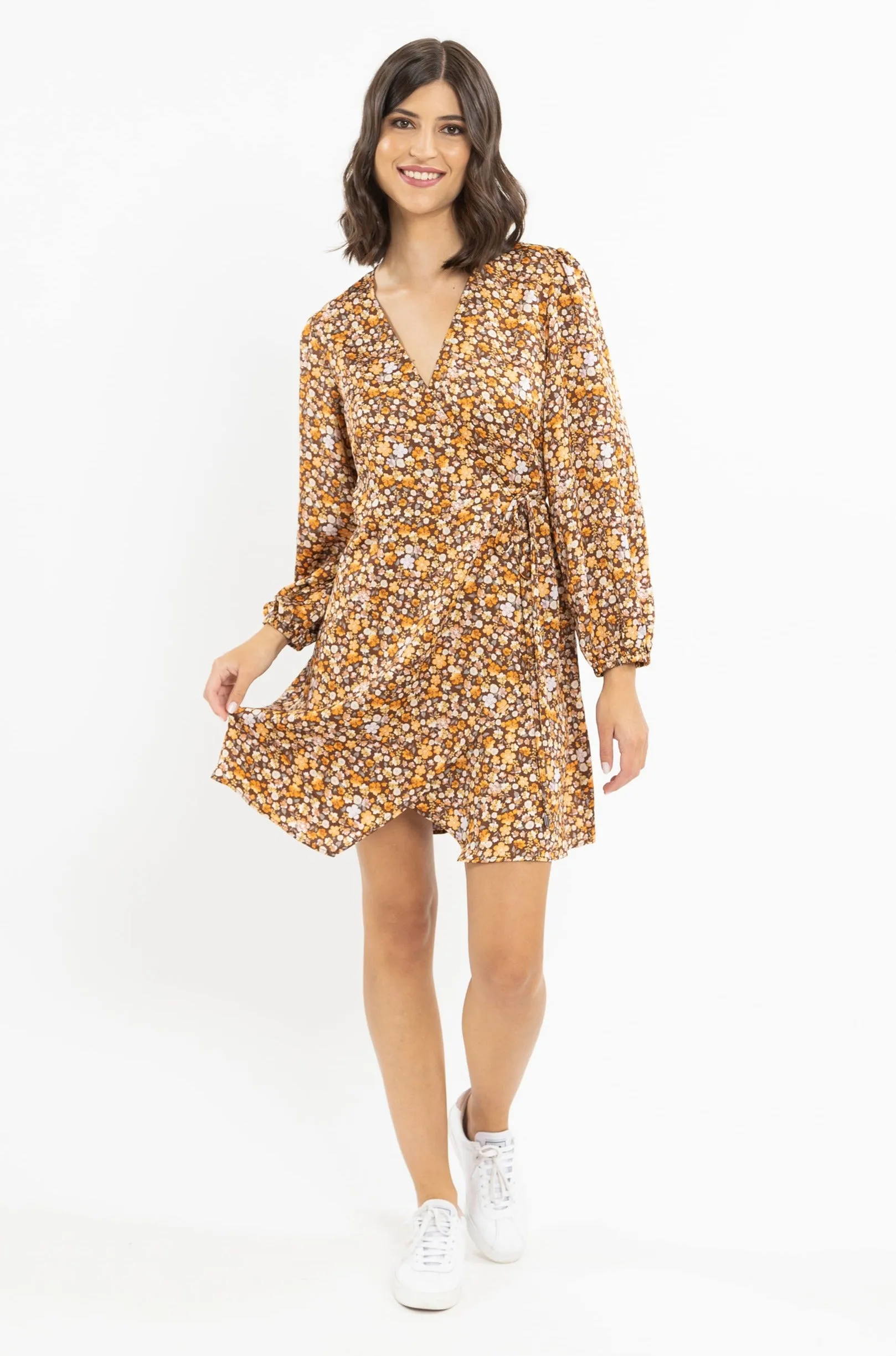 Freedom Chestnut Floral Satin Wrap Mini LS Dress