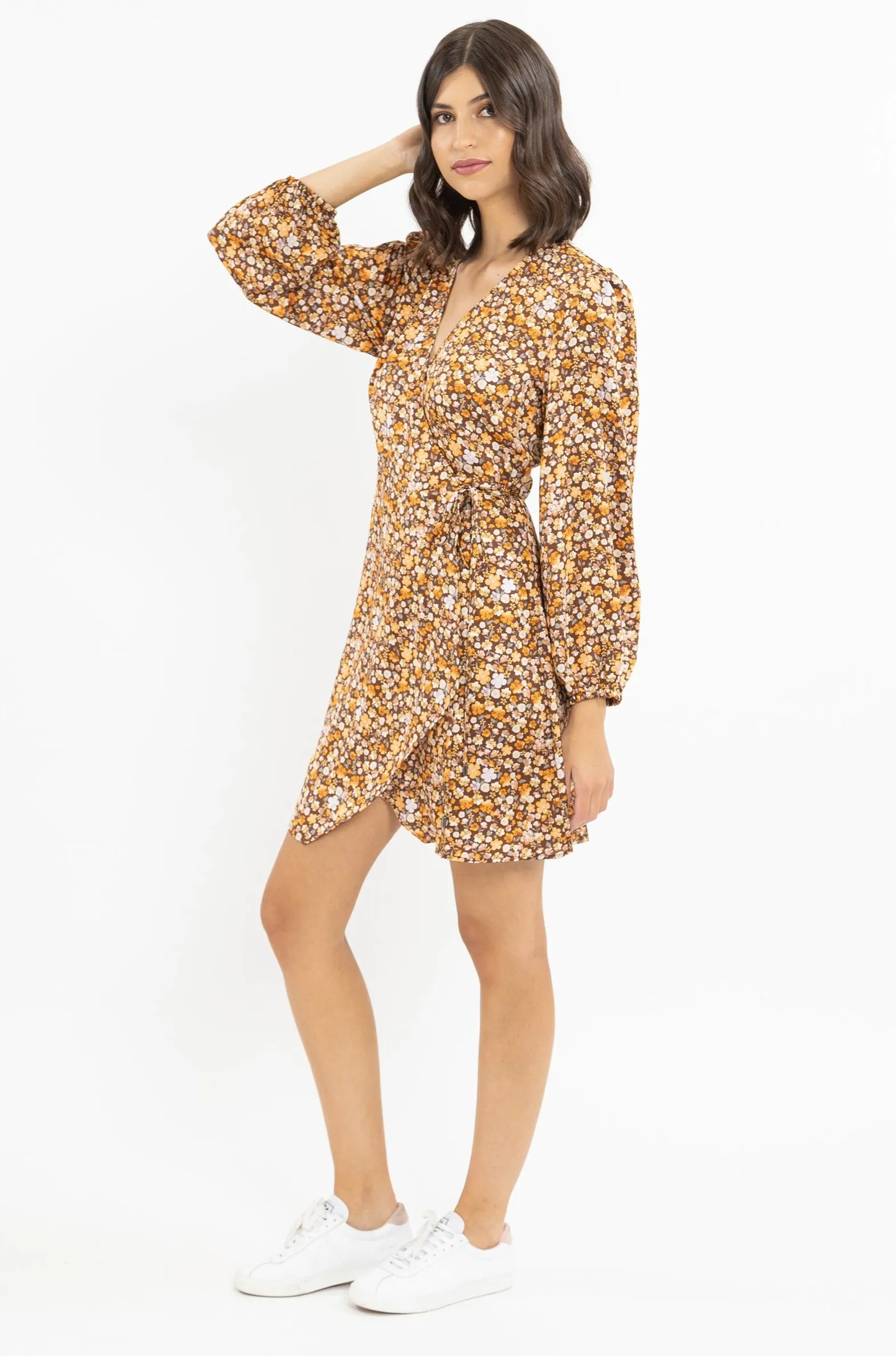 Freedom Chestnut Floral Satin Wrap Mini LS Dress