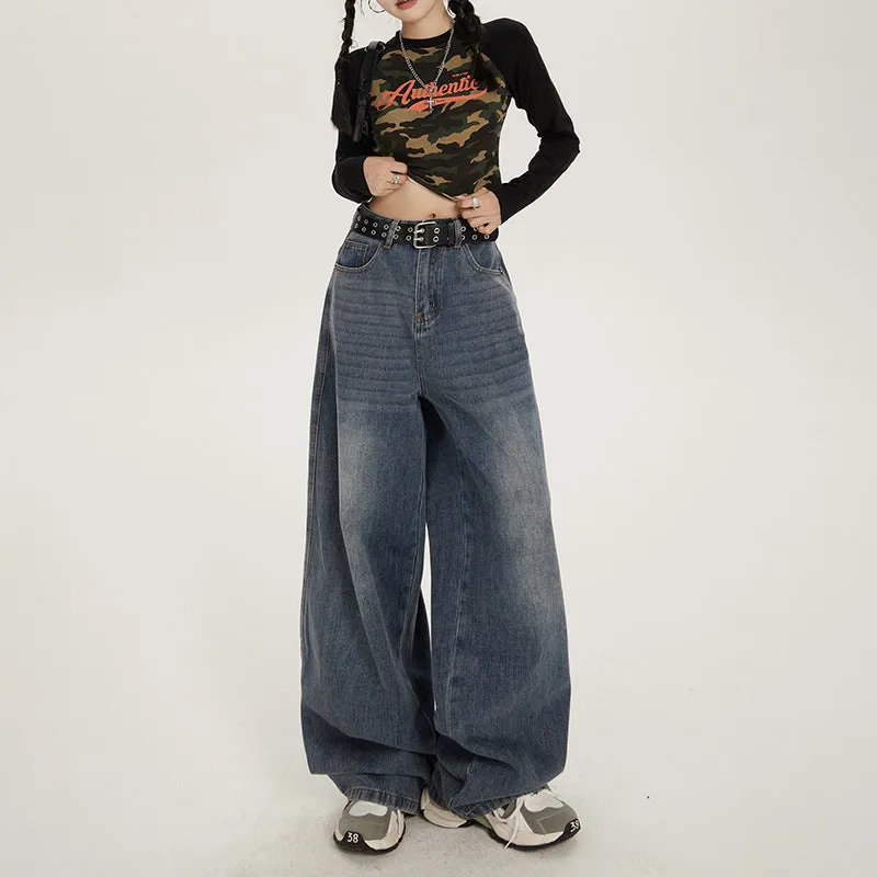 Girlary grunge outfits American-Style Retro Loose Wide-Leg Jeans Women's Spring and Autumn Lazy Style High Waist Slimming Versatile Loose Mop Pants