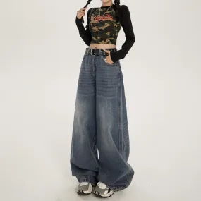 Girlary grunge outfits American-Style Retro Loose Wide-Leg Jeans Women's Spring and Autumn Lazy Style High Waist Slimming Versatile Loose Mop Pants