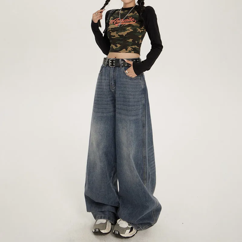 Girlary grunge outfits American-Style Retro Loose Wide-Leg Jeans Women's Spring and Autumn Lazy Style High Waist Slimming Versatile Loose Mop Pants