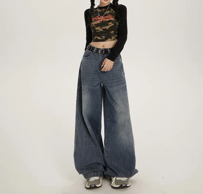 Girlary grunge outfits American-Style Retro Loose Wide-Leg Jeans Women's Spring and Autumn Lazy Style High Waist Slimming Versatile Loose Mop Pants