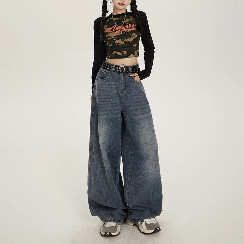 Girlary grunge outfits American-Style Retro Loose Wide-Leg Jeans Women's Spring and Autumn Lazy Style High Waist Slimming Versatile Loose Mop Pants
