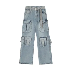 Girlary grunge outfits Vintage Multi-Pocket Design Workwear Jeans Straight Loose Wide-Leg Mop Pants