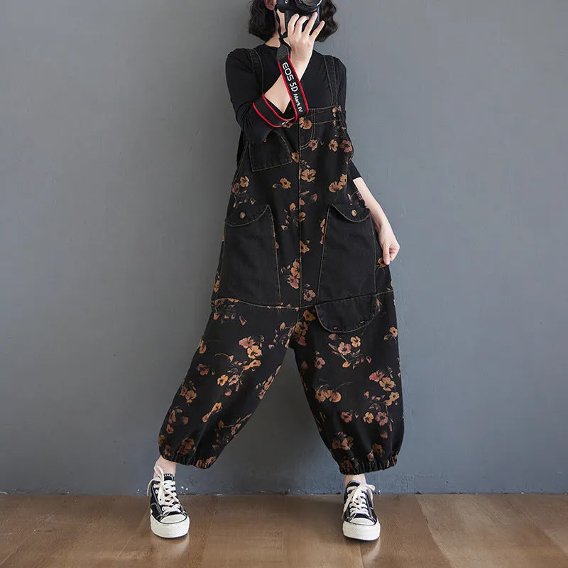Girlary-shop grunge outfits plus Size Women's Printed Denim Suspender Pants Women's Spring and Autumn New Loose Large Pocket Casual Fashion Even Break Cropped Pants