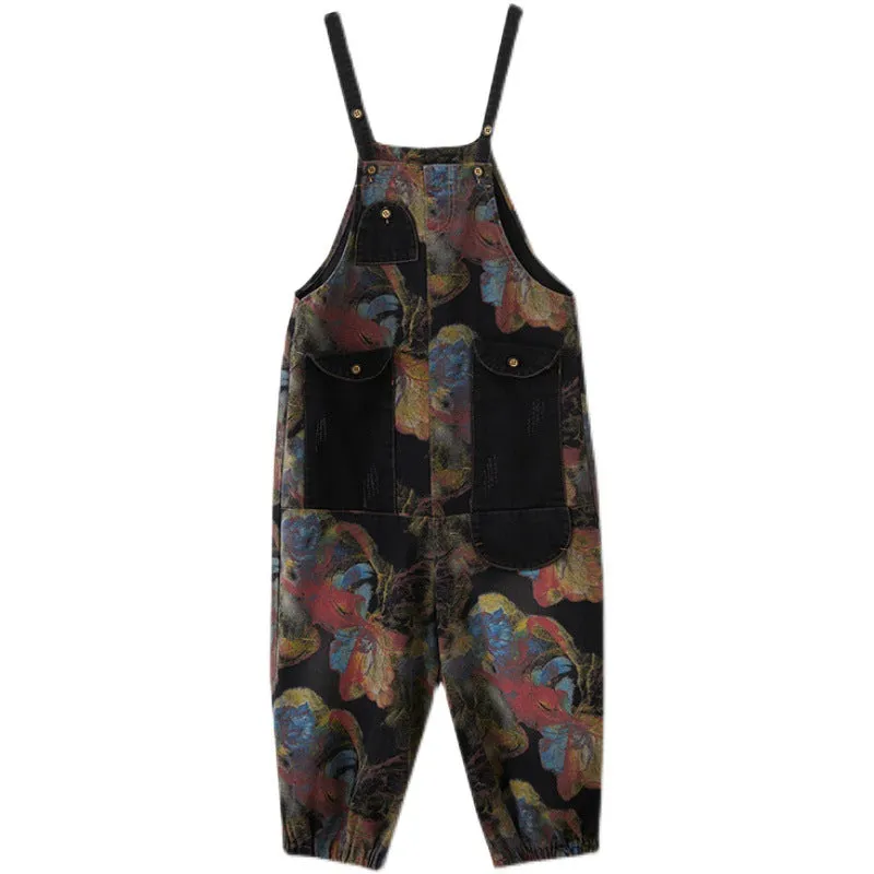 Girlary-shop grunge outfits plus Size Women's Printed Denim Suspender Pants Women's Spring and Autumn New Loose Large Pocket Casual Fashion Even Break Cropped Pants