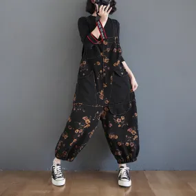 Girlary-shop grunge outfits plus Size Women's Printed Denim Suspender Pants Women's Spring and Autumn New Loose Large Pocket Casual Fashion Even Break Cropped Pants