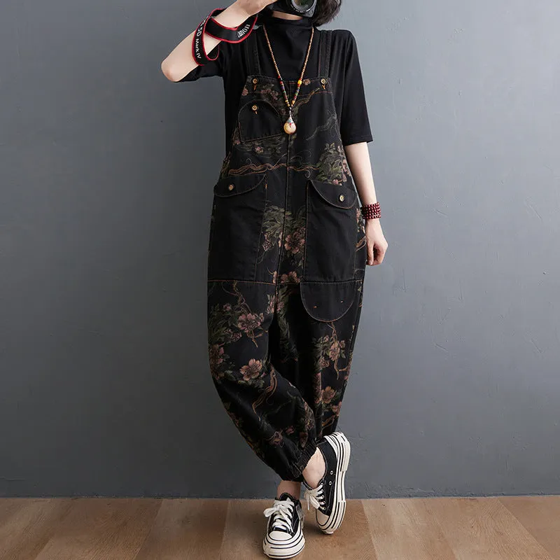 Girlary-shop grunge outfits plus Size Women's Printed Denim Suspender Pants Women's Spring and Autumn New Loose Large Pocket Casual Fashion Even Break Cropped Pants
