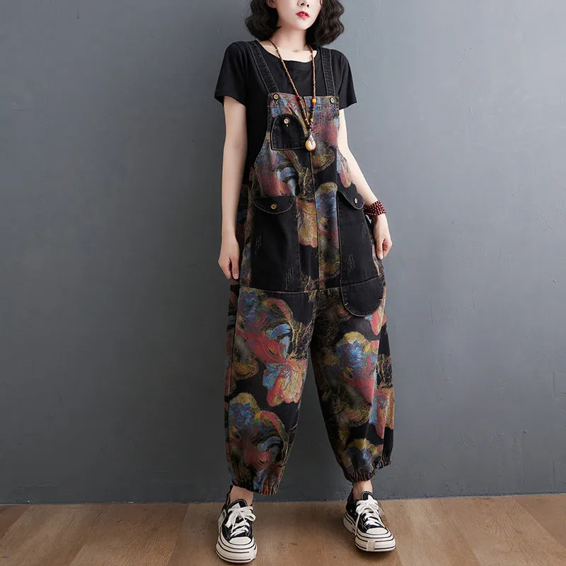 Girlary-shop grunge outfits plus Size Women's Printed Denim Suspender Pants Women's Spring and Autumn New Loose Large Pocket Casual Fashion Even Break Cropped Pants