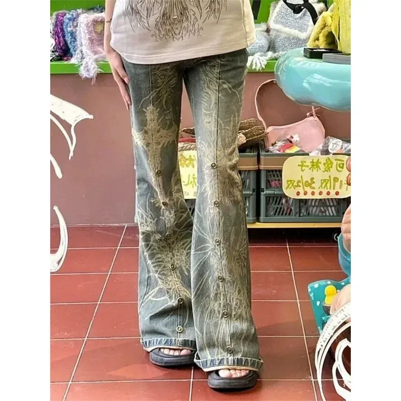 Girlary Vintage Y2k Grunge Flare Jeans Woman Coquette Streetwear Wide Leg Denim Pants Female Harajuku Gyaru Trousers Hippie