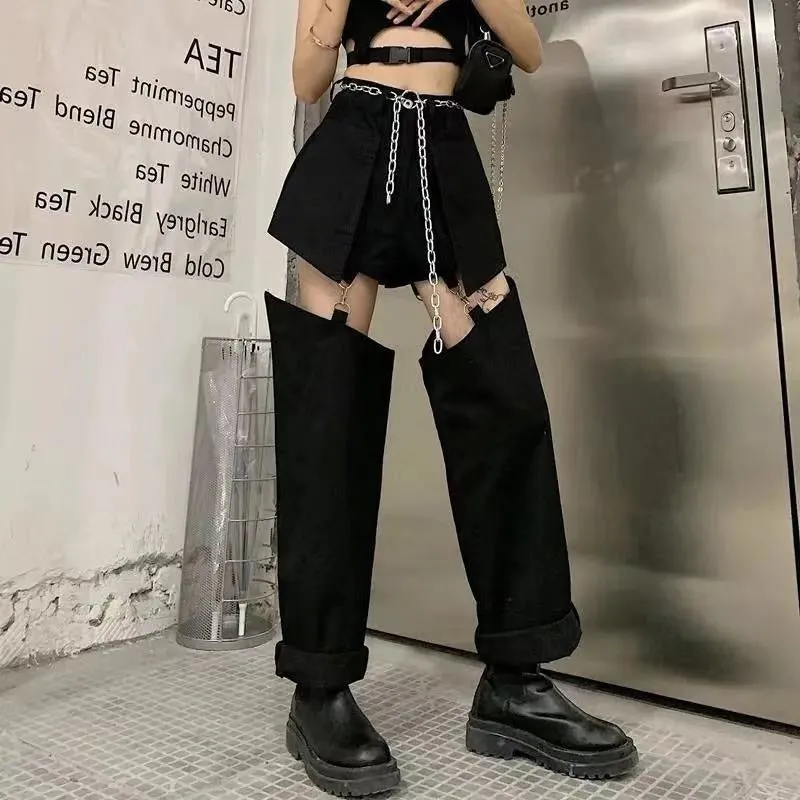 Grunge Detachable Blue Black Denim Jeans