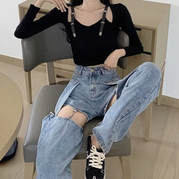 Grunge Detachable Blue Black Denim Jeans