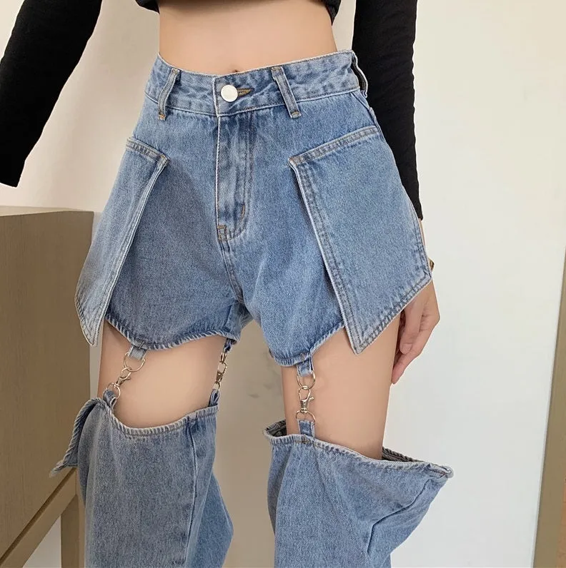 Grunge Detachable Blue Black Denim Jeans