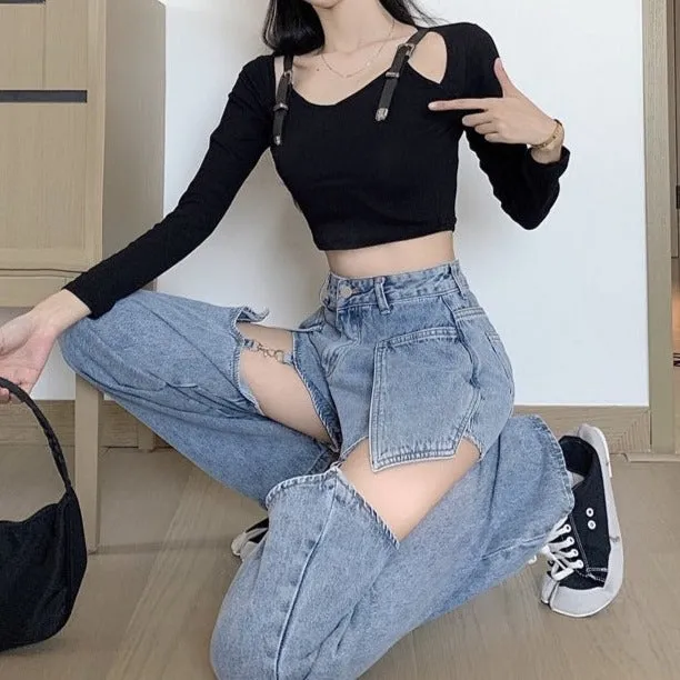 Grunge Detachable Blue Black Denim Jeans