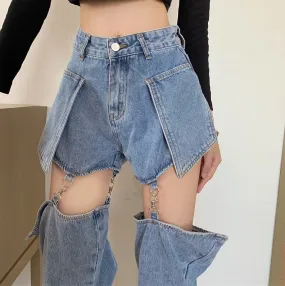 Grunge Detachable Blue Black Denim Jeans