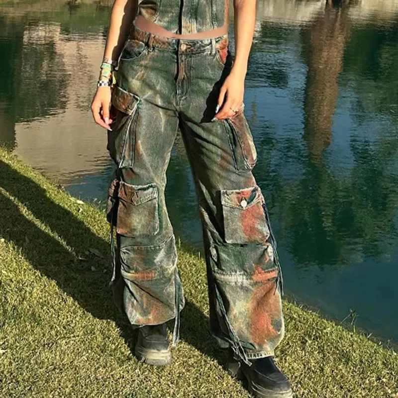 Grunge Streetwear Tie Dye Y2K Cago Pants Female Baggy Jeans Multi Pockets Distressed Vintage Straight Trousers Denim