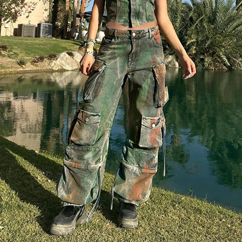 Grunge Streetwear Tie Dye Y2K Cago Pants Female Baggy Jeans Multi Pockets Distressed Vintage Straight Trousers Denim