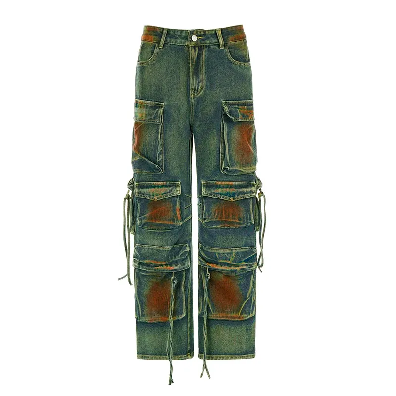 Grunge Streetwear Tie Dye Y2K Cago Pants Female Baggy Jeans Multi Pockets Distressed Vintage Straight Trousers Denim