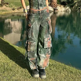 Grunge Streetwear Tie Dye Y2K Cago Pants Female Baggy Jeans Multi Pockets Distressed Vintage Straight Trousers Denim