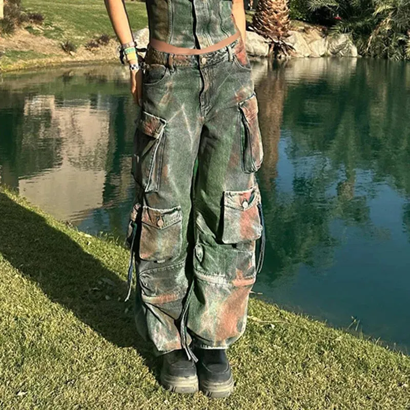 Grunge Streetwear Tie Dye Y2K Cago Pants Female Baggy Jeans Multi Pockets Distressed Vintage Straight Trousers Denim