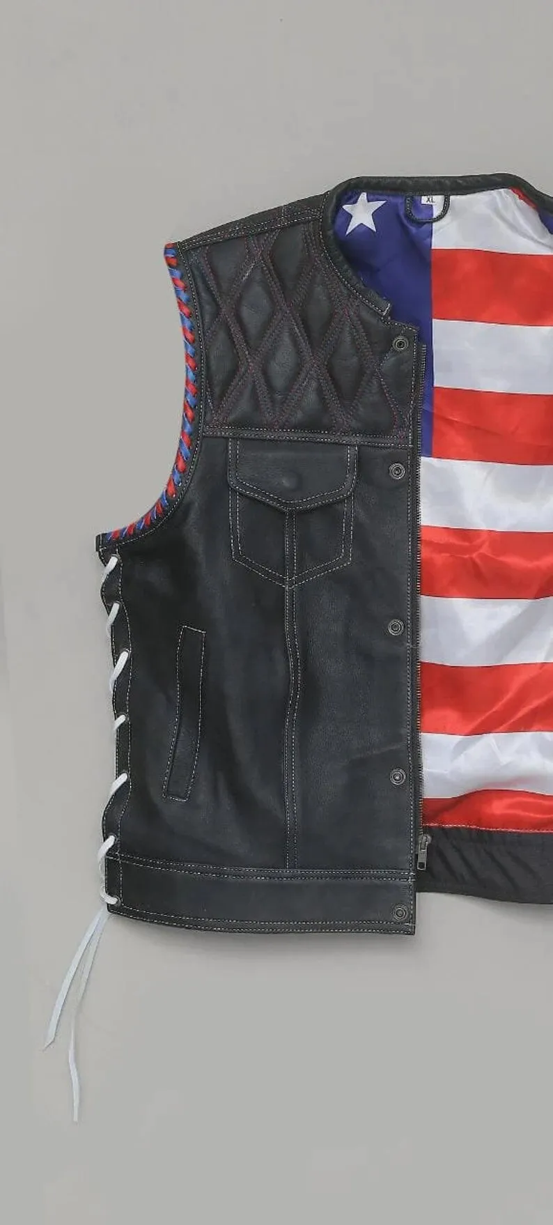 Hand Made USA Captian America Side lases Diamond Quilted leather Biker Motorcycle Rider MC Men Vest