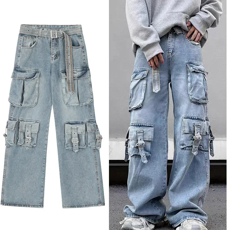 Harajuku Multi-Pocket Functional Loose Jeans Men's Y2K Oversized Streetwear Rock Punk Gothic Crock Wide Leg Pants Women Grunge