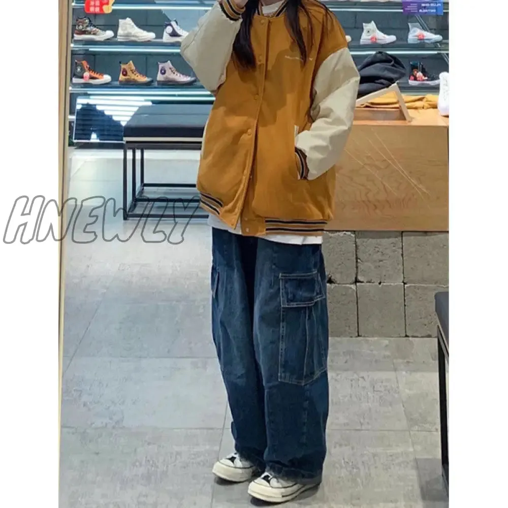 Hnewly Women Vintage Y2K Streetwear Baggy Cargo Jeans High Waisted Straight Wide Leg Pants Denim Trousers Fairy Grunge Alt Clothes