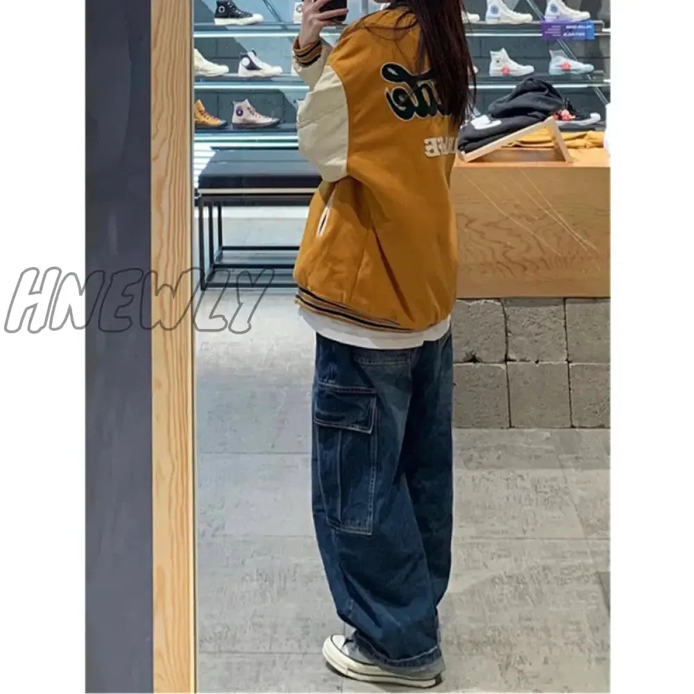 Hnewly Women Vintage Y2K Streetwear Baggy Cargo Jeans High Waisted Straight Wide Leg Pants Denim Trousers Fairy Grunge Alt Clothes